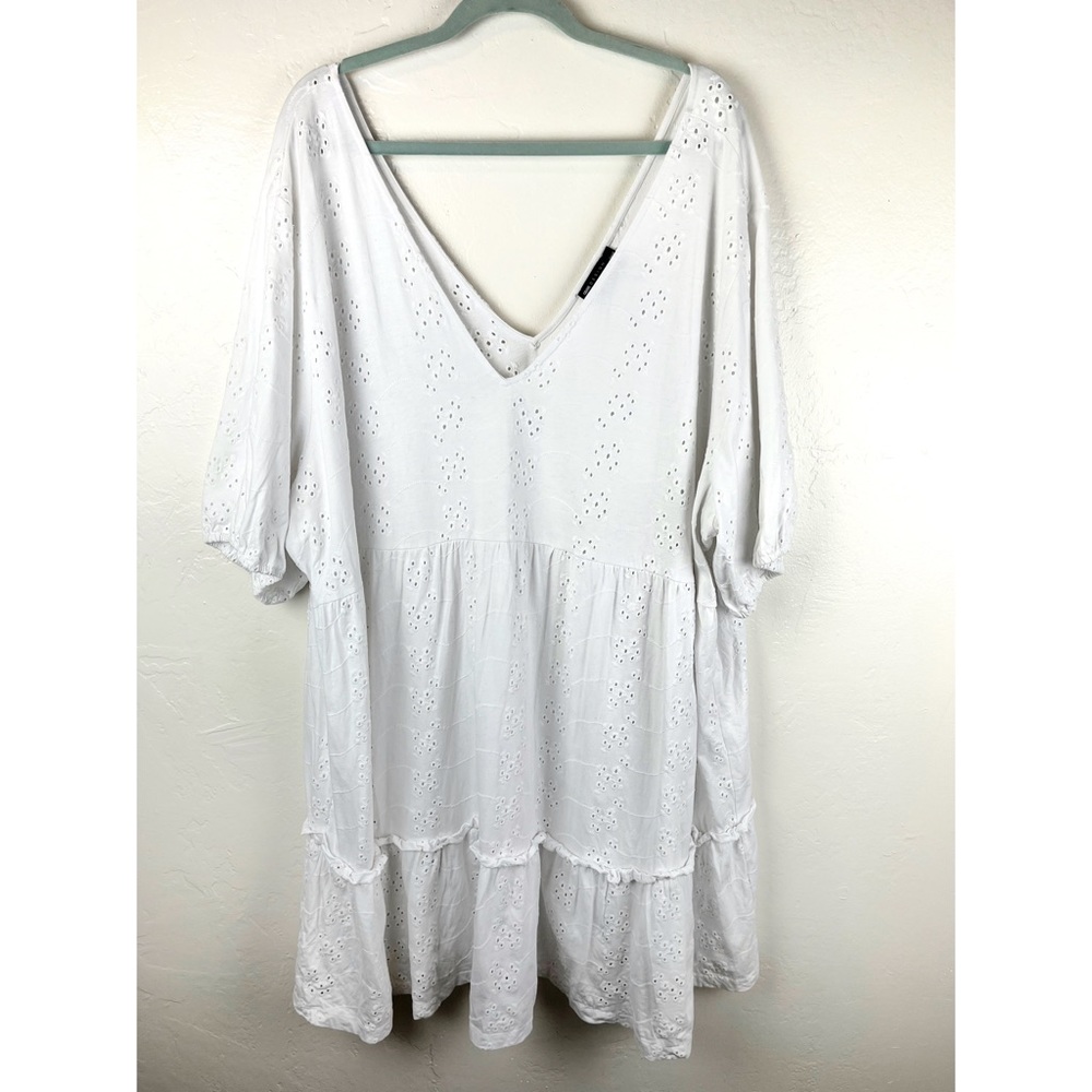 Asos Design Eyelet Tiered Ruffle Smock Dress Cover Up V Neck Puff Sleeve size 26
